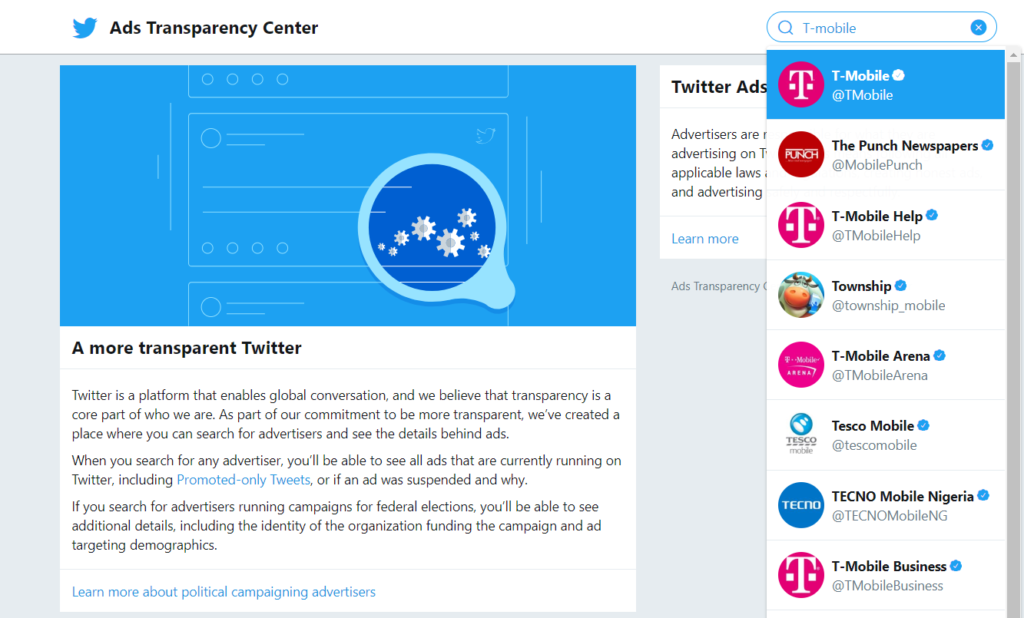 Search for T-Mobile on Twitter Ads Transparency Center