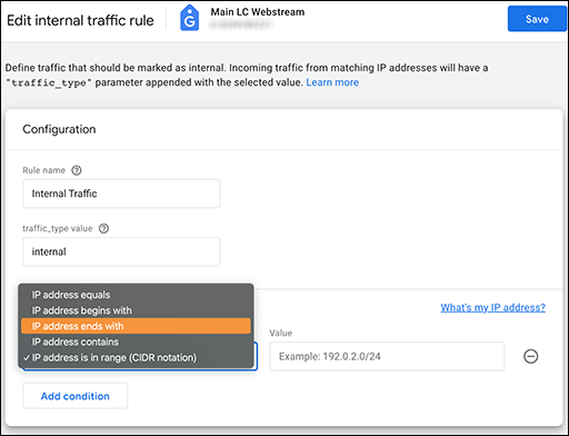 Internal Traffic Definition Dialog