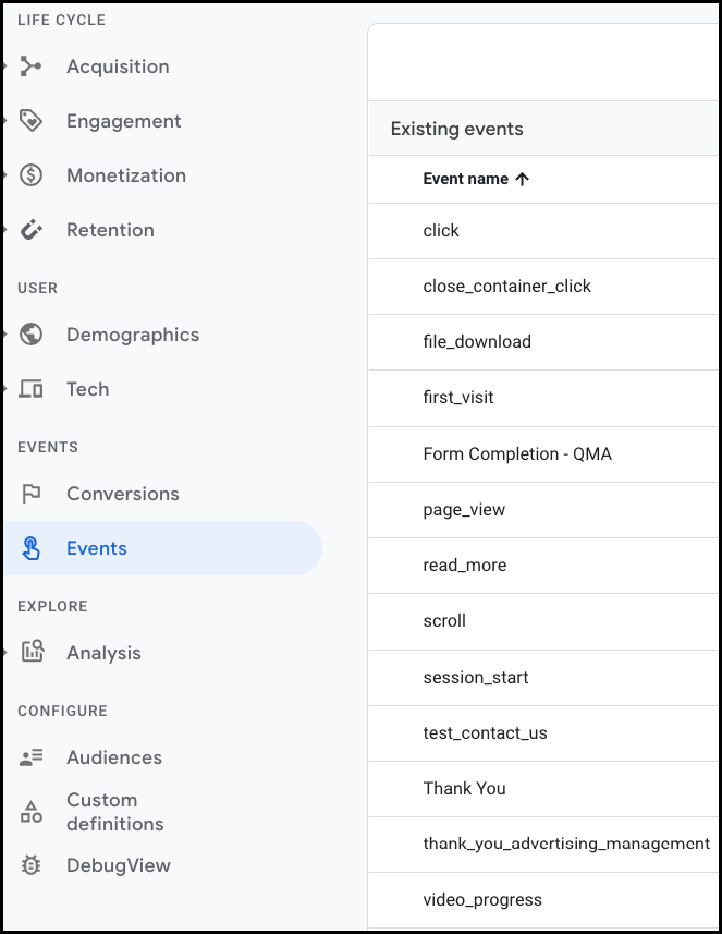 Google Analytics - Existing Events view