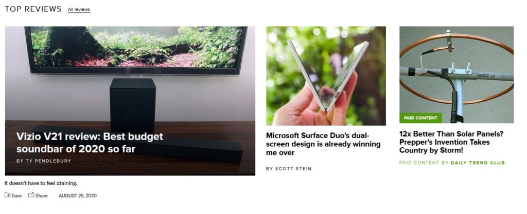 Native advertisements on CNET
